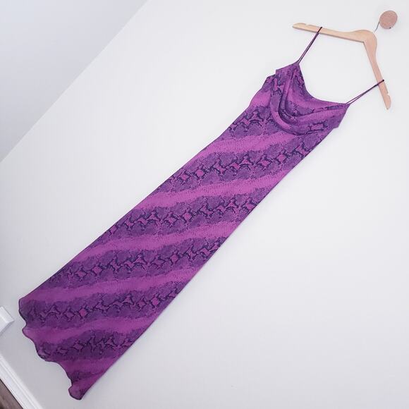 Vintage 90s Jump Apparel Snakeskin Maxi Slip Dress Cowl Neck Purple Black - Picture 3 of 9